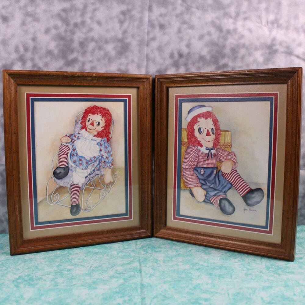 Raggedy Ann &‎ Andy Framed Art Print Set Vintage Country Wall Decor 1980s